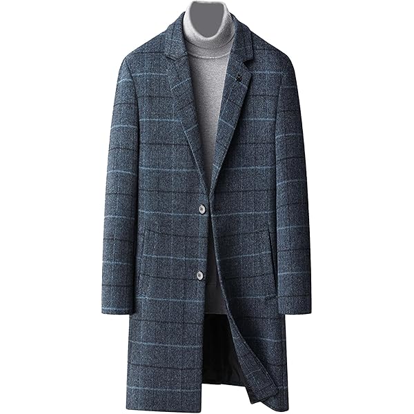 JEKE-DG Mens Plaid Trench Coat Winter Single Breasted Wool Blend